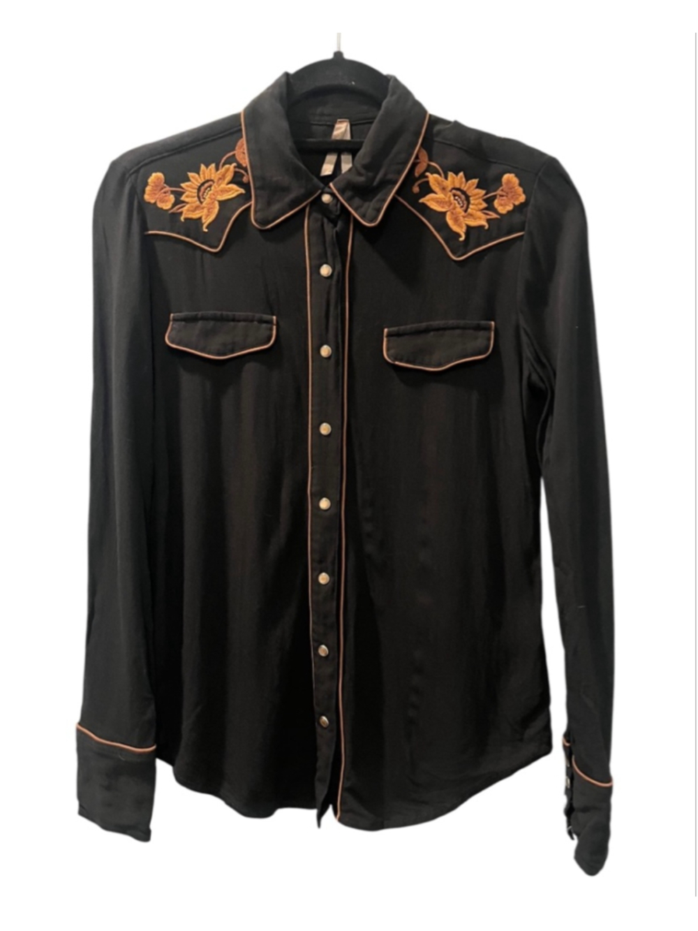 Stetson Black Embroidered Floral Western Pearl Snap Shirt Womens XS Cowgirl